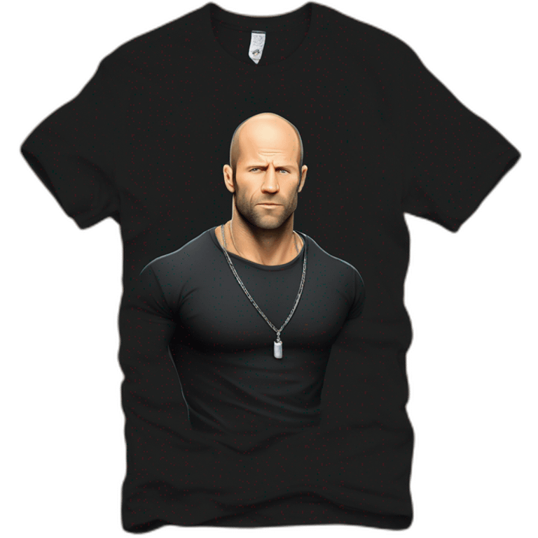 Jason Statham wearing men silver chain on a black tshirt,styled,cool,side angle emoji