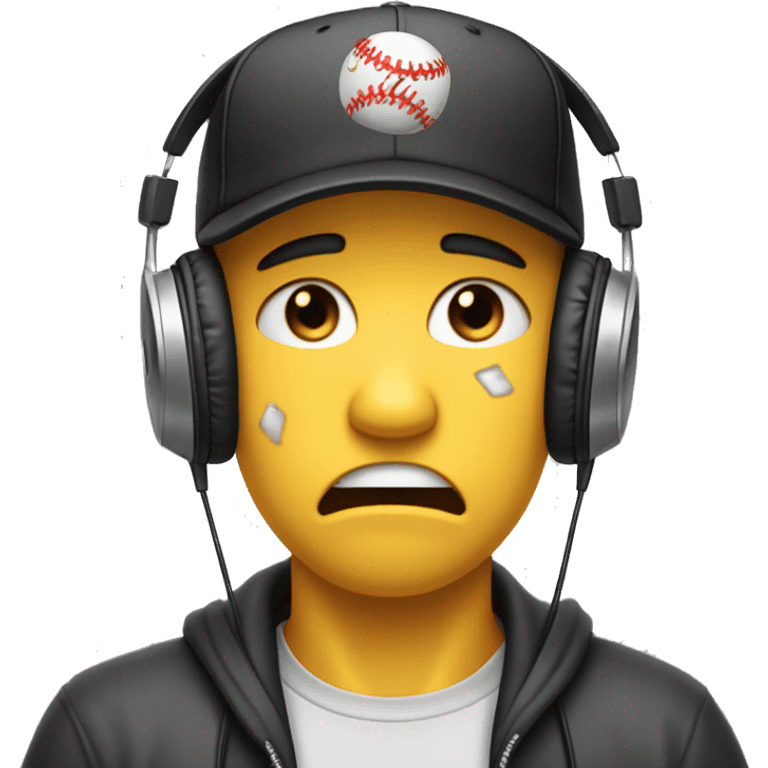 An emoji of a gamer wearing large headphones and a backward baseball cap, crying with tears streaming down both cheeks. The face shows a mix of sadness and frustration, with the mouth slightly open. The background is simple and non-distracting emoji