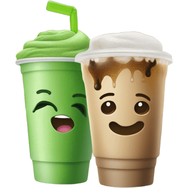 matcha and iced coffee, separate drinks, hugging ￼ emoji