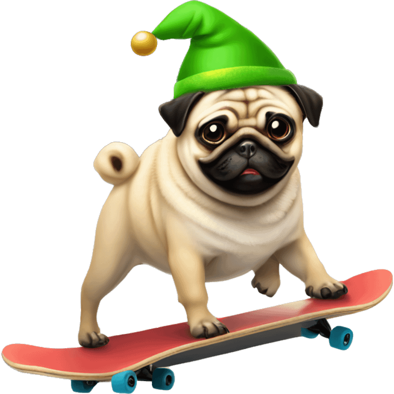 Pug on a skateboard wearing an elf hat while dancing  emoji