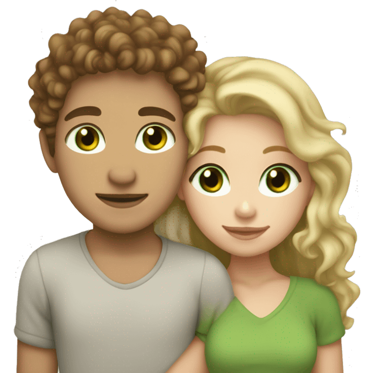 blonde haired green eyed girl cuddling boy with brown curly hair and freckles emoji