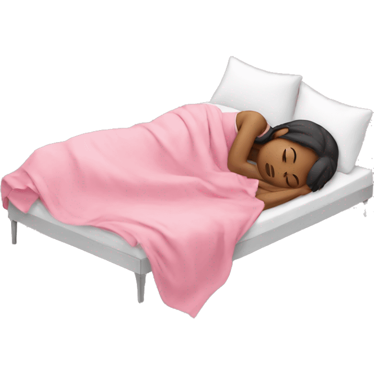 A girl sleeping on a bed under a pink blanket  emoji