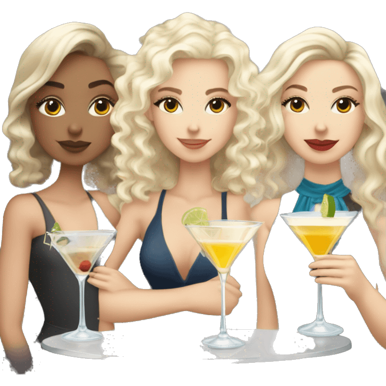 White brunette girl, white blonde curly haired girl, and white blonde straight haired girl all drinking martinis emoji