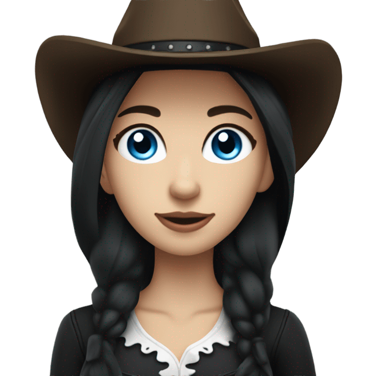 Blue eyes, cowgirl, pale skin, black hair, black cowgirl hat emoji