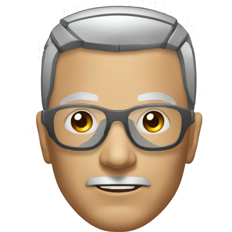 Older Male cyborg head with metallic plated face, brown flat top haircut, glasses and circuitry emoji