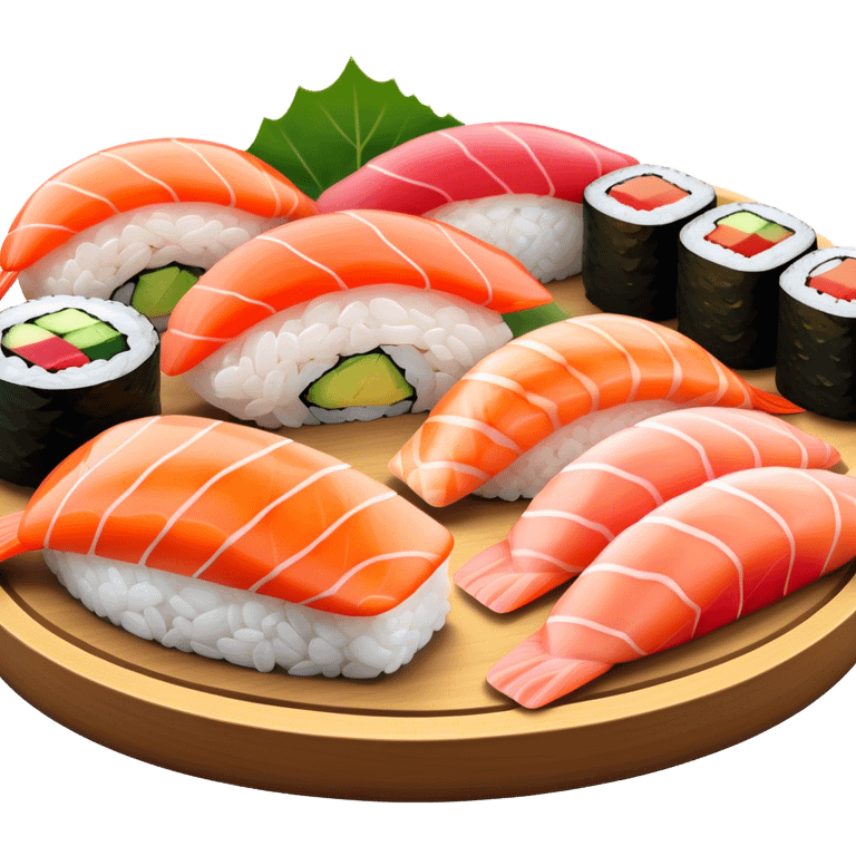 Cinematic Realistic Sushi Dish Emoji, depicted as an artful arrangement of fresh sushi with vibrant colors rendered with lifelike textures and delicate, natural lighting. emoji