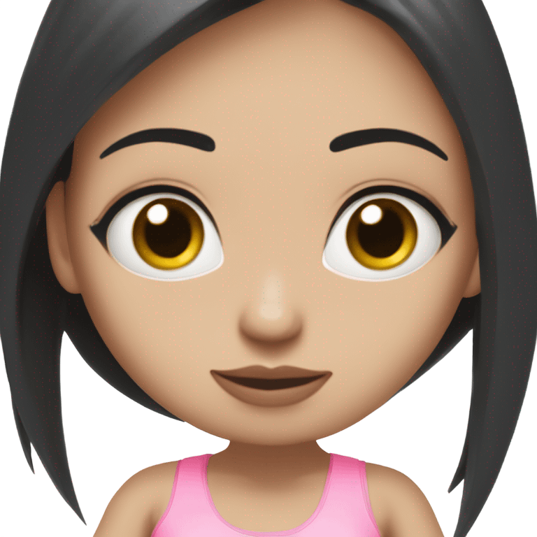 white girl blue eyes with long black hair, sitting in a lotus position, wearing pink bra top and white short skirt emoji