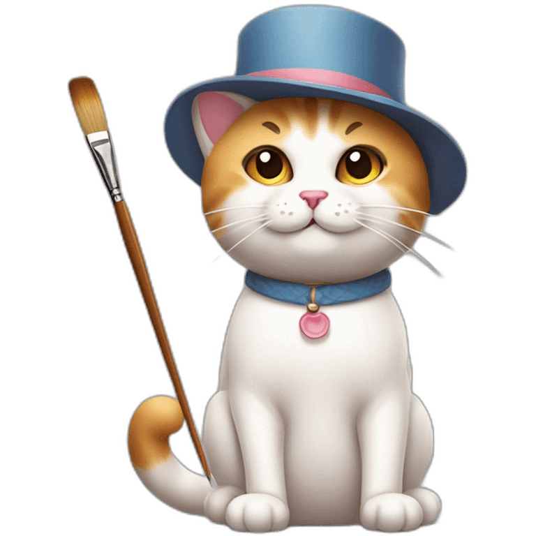 Kawaii cat artist in hat with palette and brush so it can be used as a mouse cursor emoji