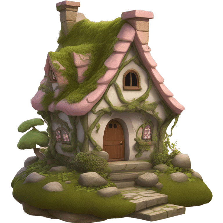 Fairy house with cobblestone steps and a light pink shingled roof partially covered in moss and vines  emoji