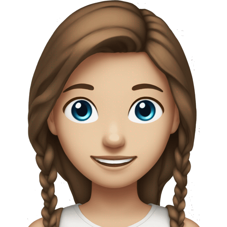 20 year old girl, dark blue eyes, long brown hair out, smiling, blue eyes. white skin emoji