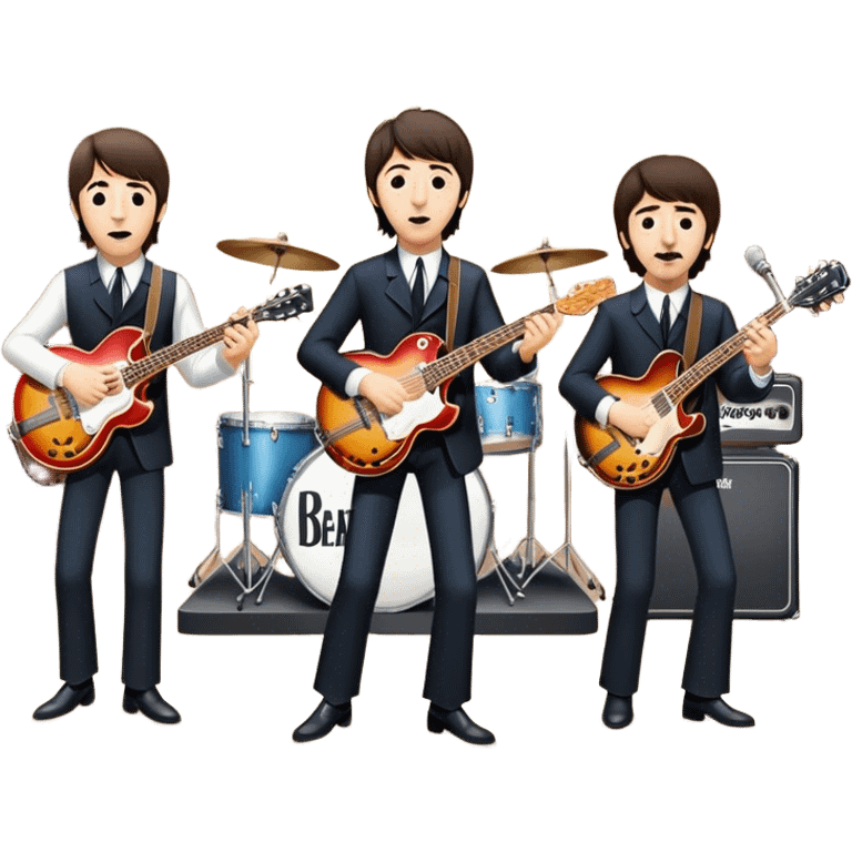 Rock music icon: The Beatles performing live on stage. John Lennon with guitar, Paul McCartney with bass, George Harrison with guitar, Ringo Starr on drums. Bright lights, energetic performance. Transparent background. emoji