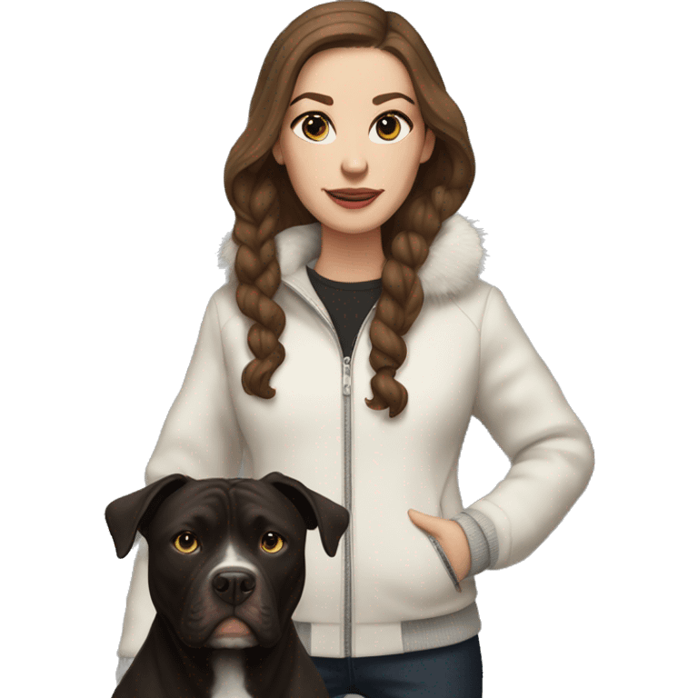 white woman with long brown hair and cat shaped eyes wearing a furry jacket standing alongside a black pitbull  emoji