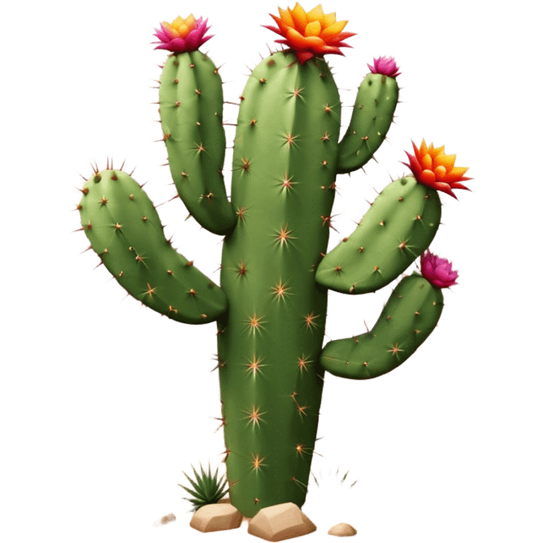 Cinematic Realistic Cactus Emoji, Tall and spiny, with thick, rounded stems covered in sharp spines. Bright flowers bloom at the tips of some branches, adding a pop of color against the desert backdrop. Soft glowing outline, capturing the essence of strength, survival, and desert beauty in a striking cactus! emoji