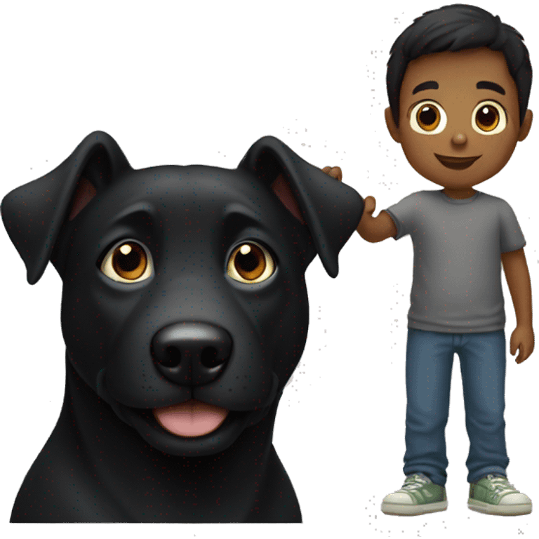 Black dog looking to the camera of a young boy emoji