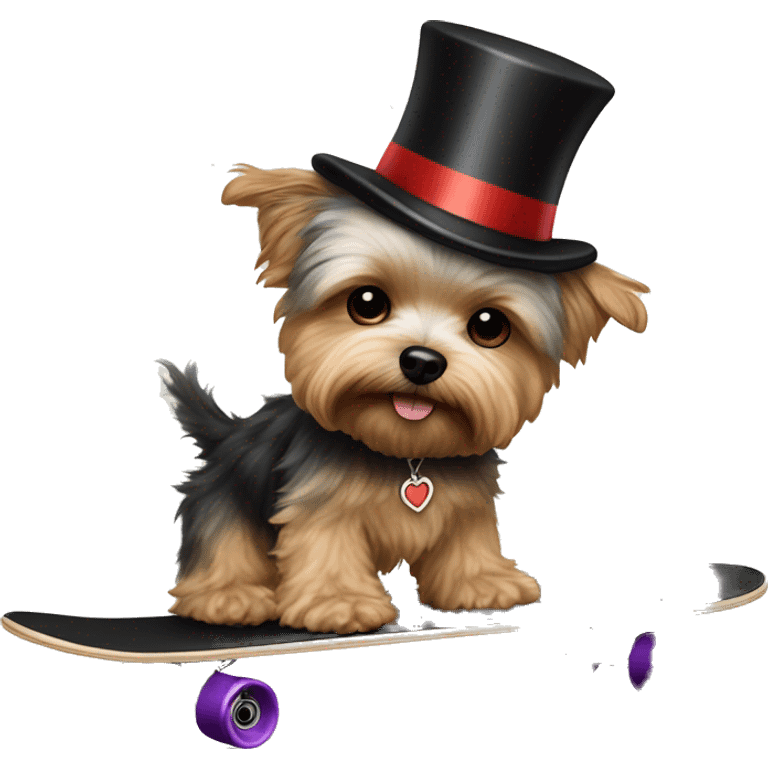 yorkie bichon mix. dog with light tan curly fur, very very long ears down. dark brown eyes, mouth closed. wearing a top hat on a skateboard emoji