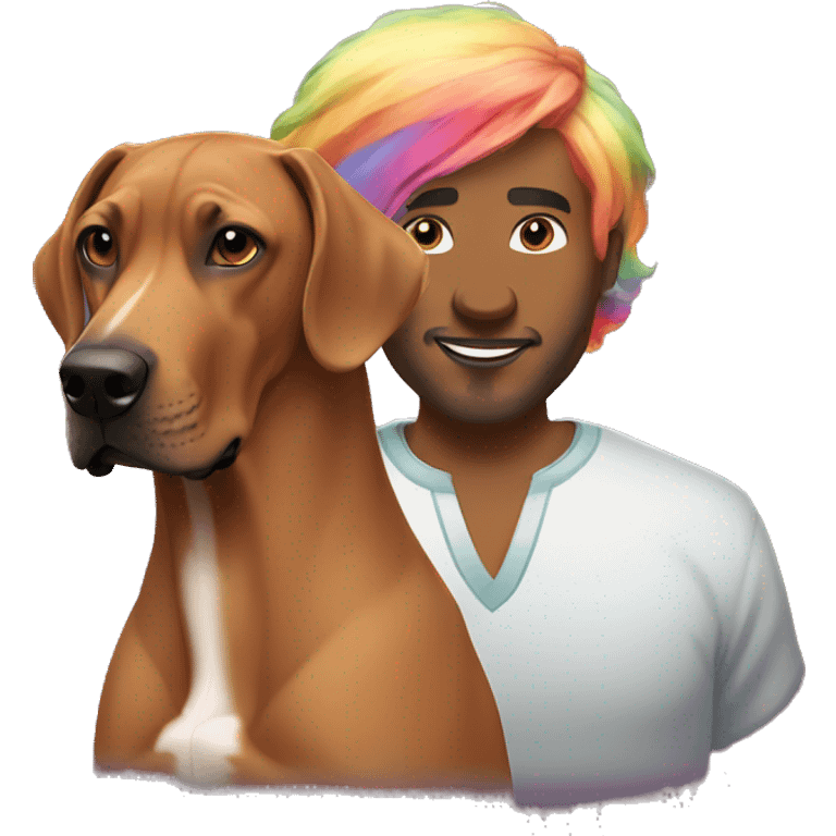 white male with long rainbow colored hair standing alongside a brown rhodesian ridgeback emoji