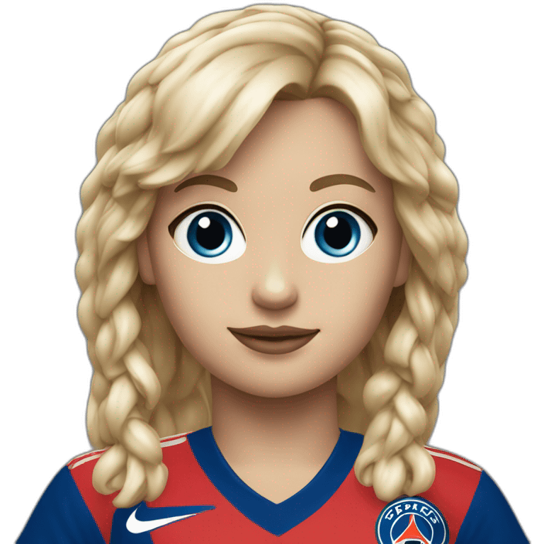 Blonde girl fringe, blue eyes, a 1980 PSG jersey and a baguette emoji