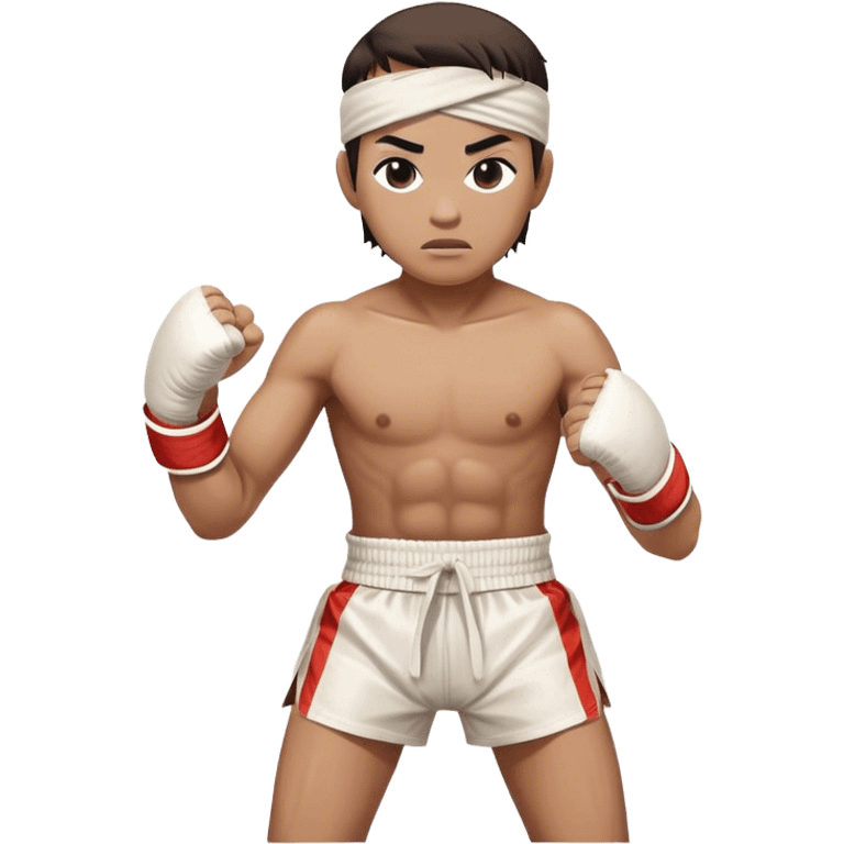 ​Cinematic Realistic Traditional Muay Thai Fighter, depicted in authentic attire featuring white bandaged gloves wrapped around his fists, a traditional headband tied neatly, and classic Muay Thai shorts, captured in a dynamic fighting stance under dramatic, high-energy lighting that highlights the raw power and elegance of the art, emoji