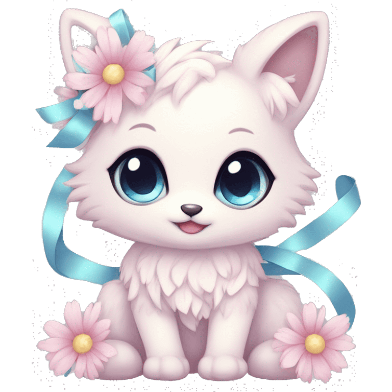 Anthro Cute Cool Blushing Pastel Innocent Shy Kawaii gorgeous sparkly ethereal fantasy animal creature with blue eyes furry sona with flowers and ribbons beautiful aesthetic emoji