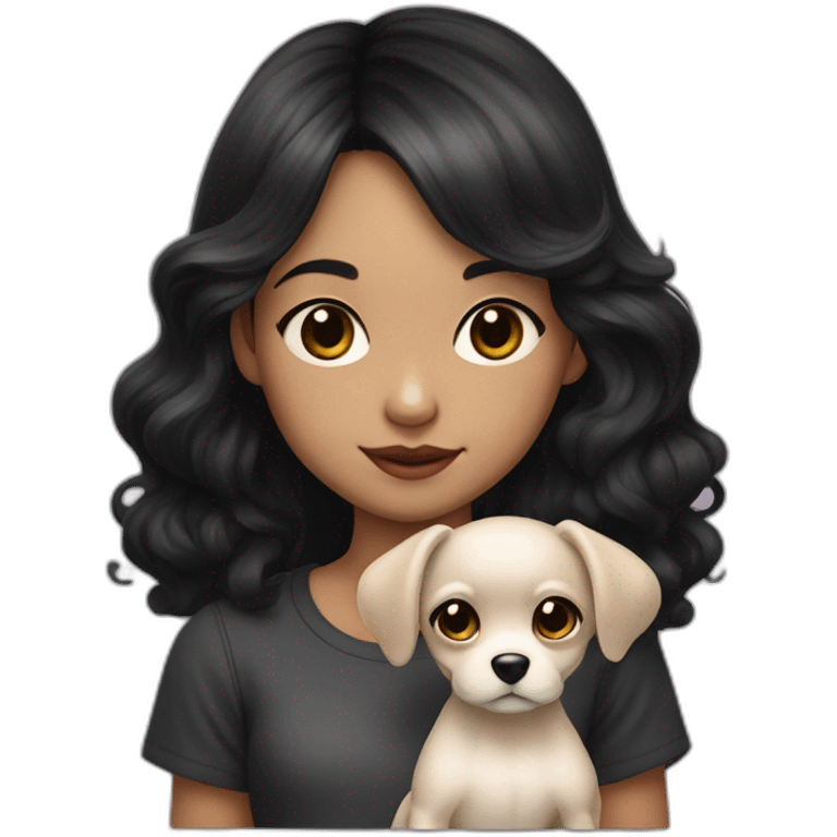 young girl with dark long wavy hair, short bangs, pale skin holding her little black chichuachua dog with big pointed ears emoji