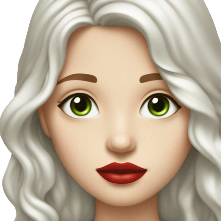 long wavy hair, tomato red lipstick, blue-green bright eyes, white skin and a very small sharp nose emoji