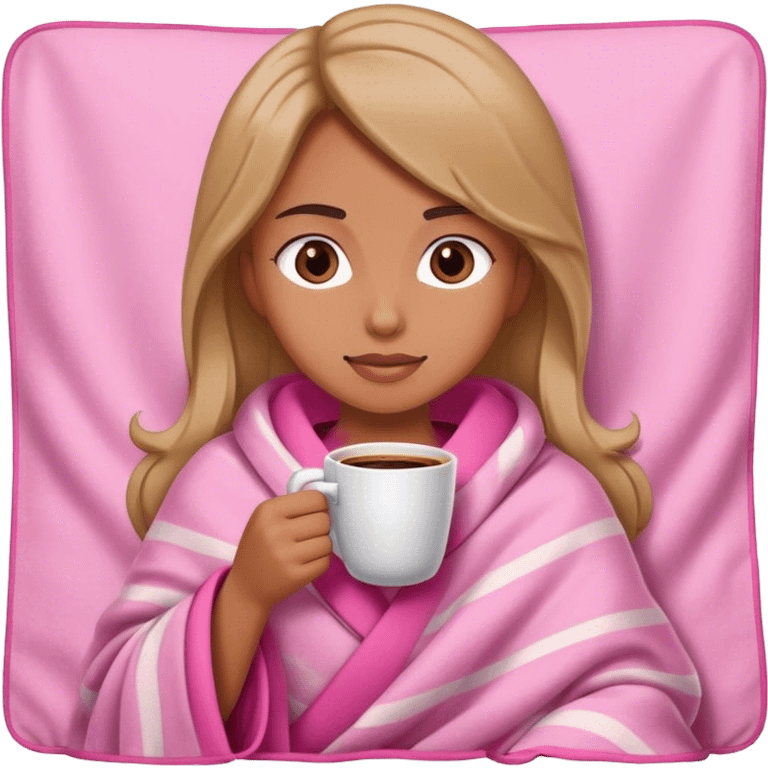 girl wearing pink blanket having coffee emoji