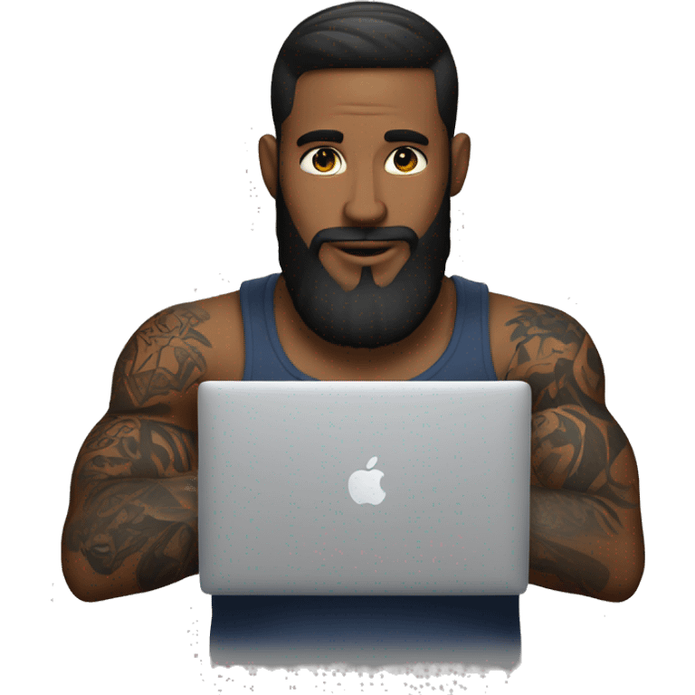 a man with a beard and tattoos on his arms works on a macbook emoji