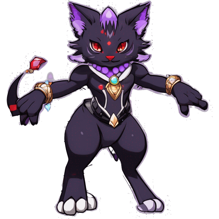 cool cartoon anthro edgy distinguished ethereal elegant beautiful fantasy black purple red ethereal fantasy nargacuga-Noivern-cat-Quiana-Fakemon collar harness moon gem jewels full body emoji