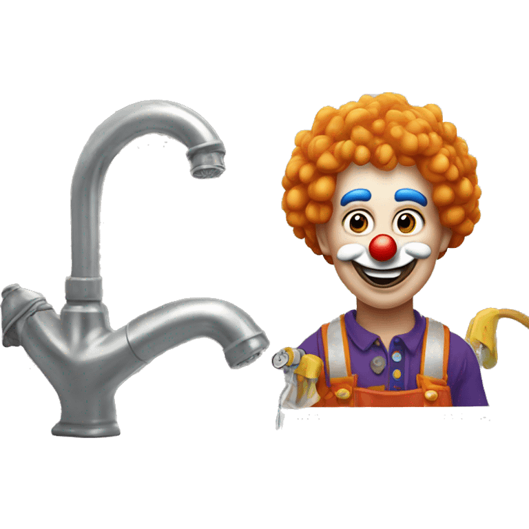 clown face emoji as a plumber fixing crooked pipe under the sink emoji