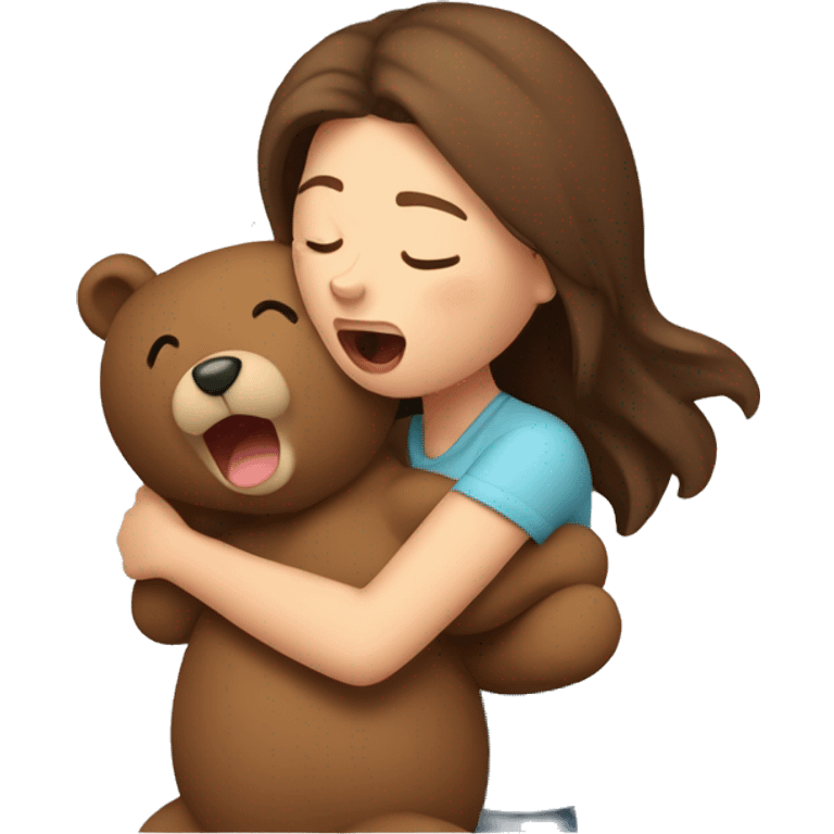 Brown haired woman snuggling teddy bear and yawning emoji