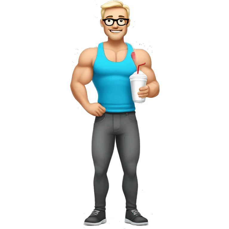 caucasian white muscled guy drinking a protein shake, full body, wear glasses emoji