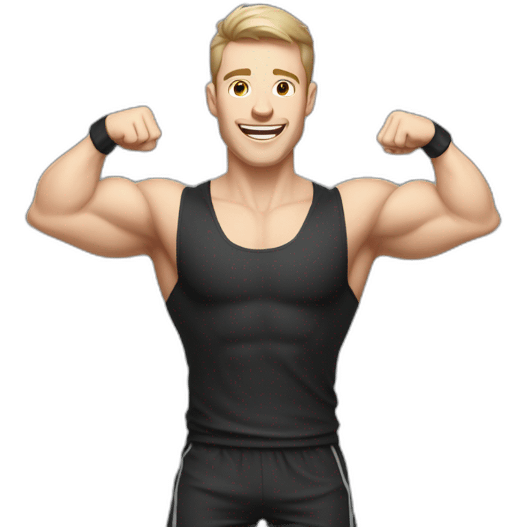 Joyful Celebrating victory Pale skinned Fit Man With the biceps and dark brown hair in black shirt, gray sports shorts and white Sneakers emoji