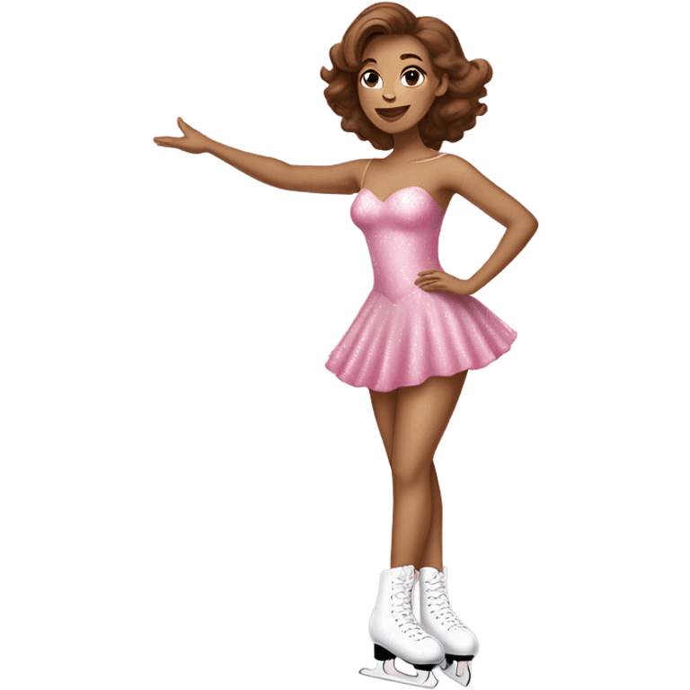 Light Skin tall woman with brown hair ice skating with pink ice skates in a pink sparkly dress posing  emoji