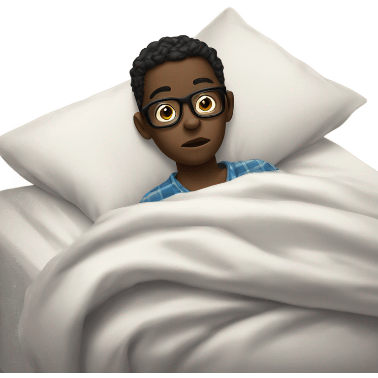 A darkskin boy around 13 years of age with black glasses in pajamas on a bed with a disgruntled, irritated expression on his face while pulling the bed sheet off of his chest  emoji