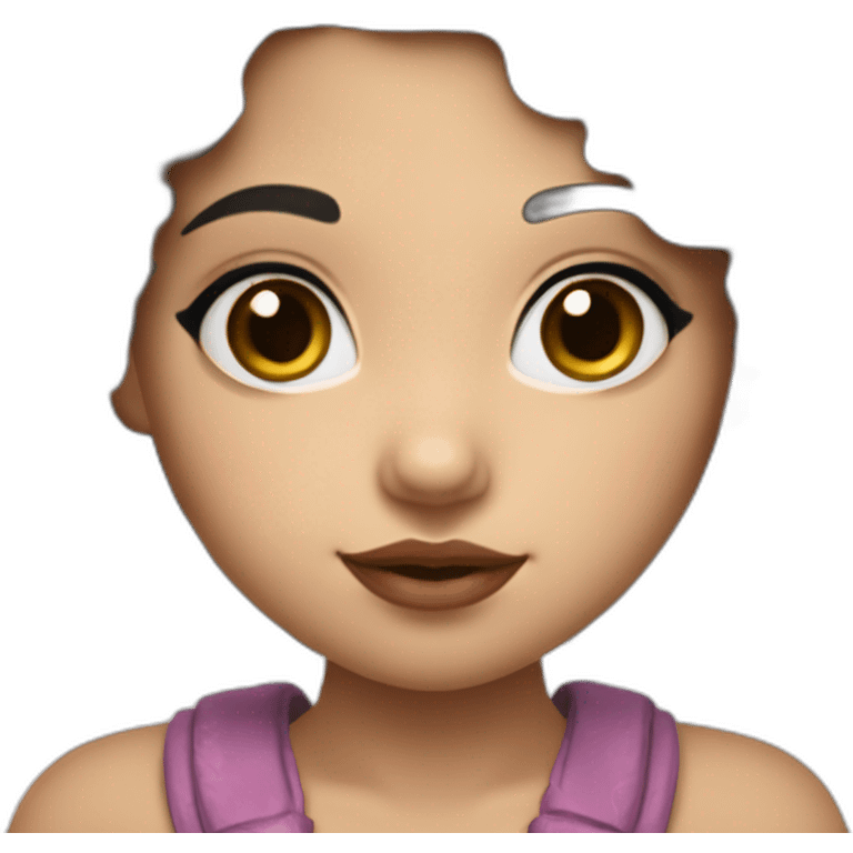 A cute Métis girl with a very clear complexion. She has black hair with large curls, which descend to her shoulders, and a pink lipstick on luscious lips. emoji