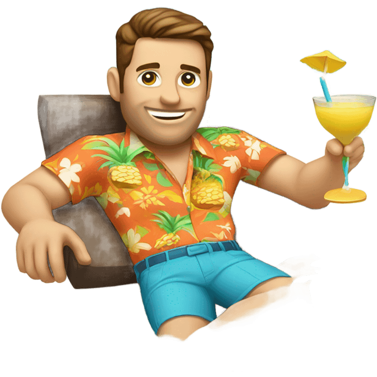 White man with brown hair lounging by pool wearing Hawaiian shirt drinking pina colada emoji