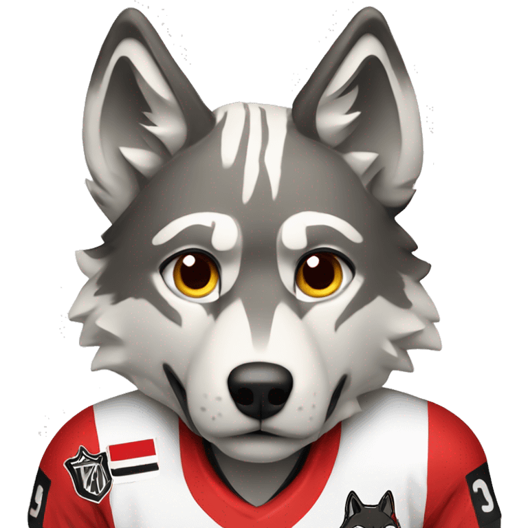 A wolf in a red black and white hockey uniform with a wolf emblem emoji