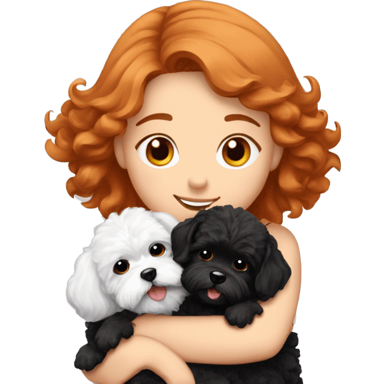 red haired girl hugging her black and white Maltipoo-dogs emoji