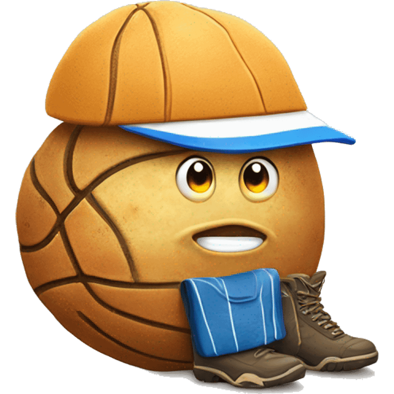 funny potato, with basketball hat, mountain boots and holding a tennis rac emoji