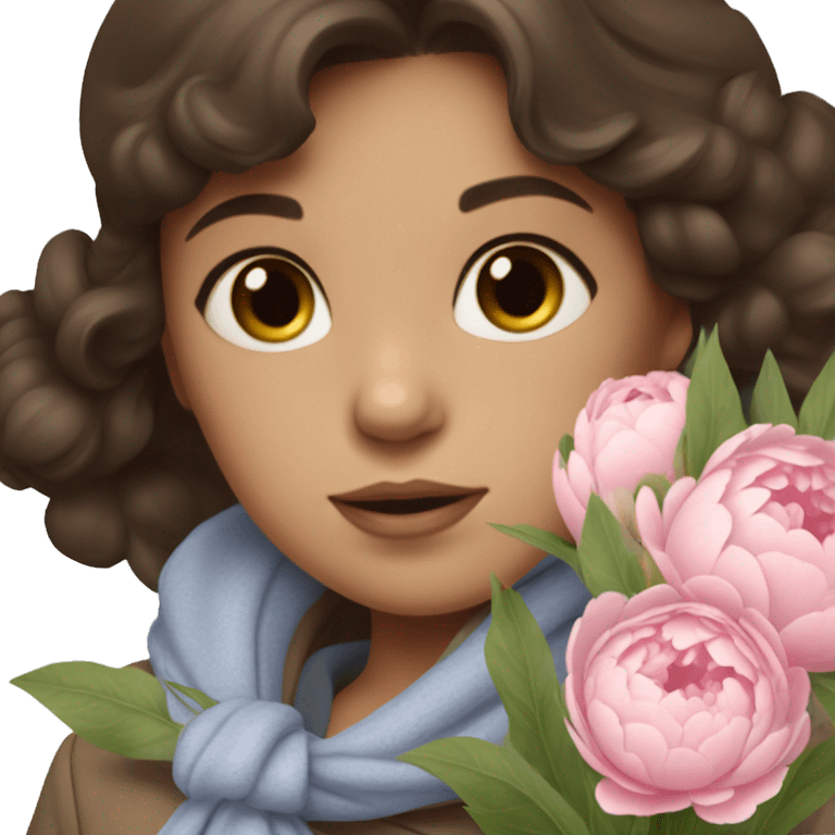 a girl with dark brown hair and blue eyes dressed in a baige winter coat with a baby pink scarf holding a bouquet of peonies emoji