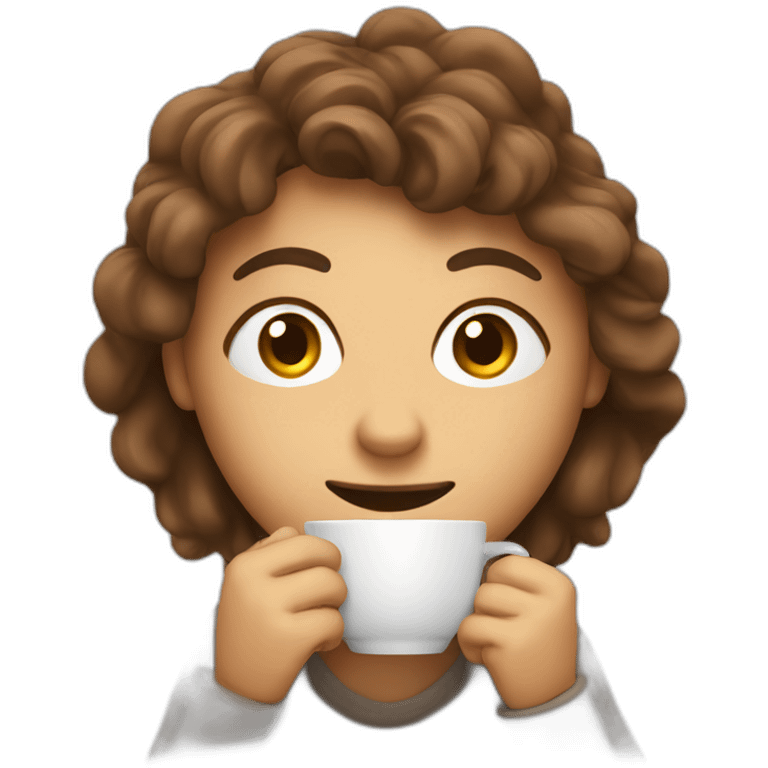 person with a cup of coffee in hands and eyes wide open, face all visible, nervous smile emoji