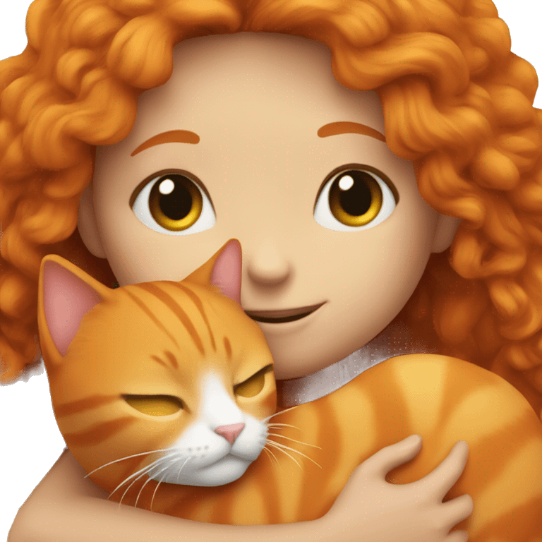 Ginger girl cuddling with at orange cat emoji