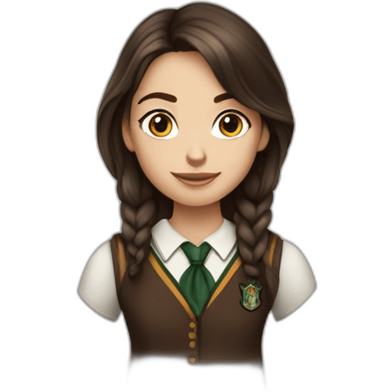 Fille brune aux yeux marron blanche de peau et avec une tenue de la maison serpentard dans Harry potter emoji