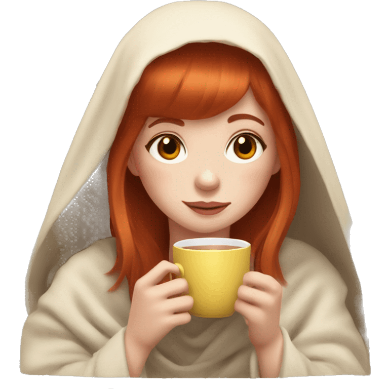 Redhead girl with straight bangs drink tea under blanket emoji