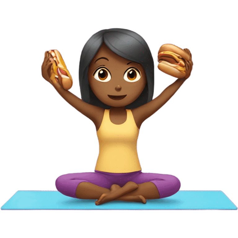 girl doing yoga eating hotdog emoji