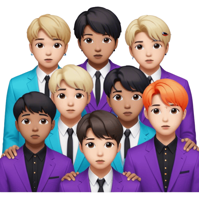 Cinematic Realistic group portrait of BTS featuring all 7 members in stylish modern attire, with detailed facial expressions and vibrant colors, captured in dynamic, contemporary lighting that emphasizes their global pop icon status emoji