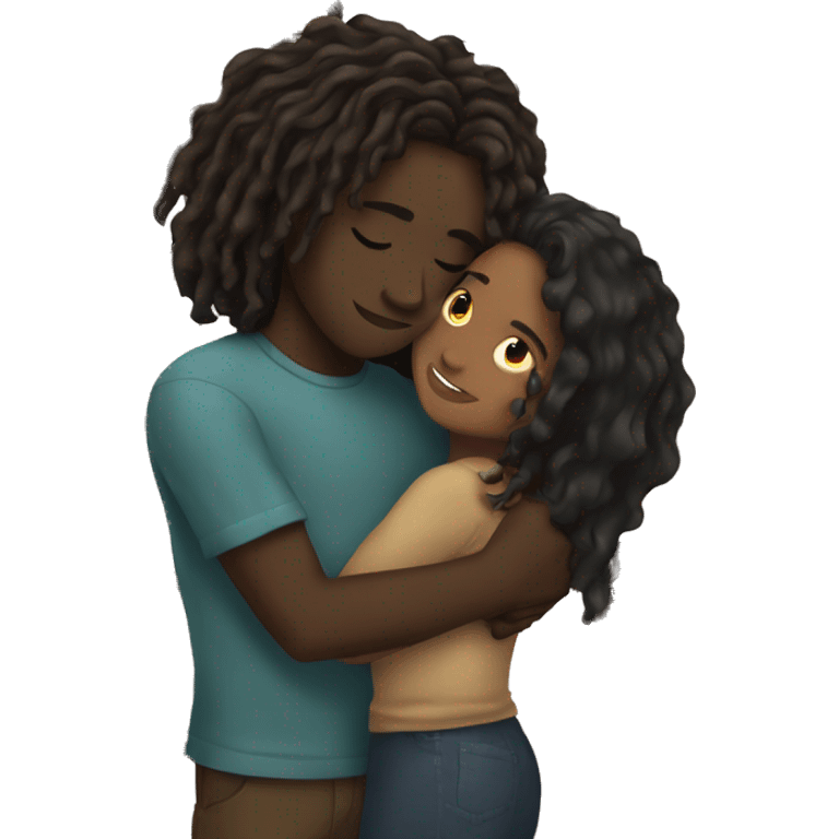 Brown girl with wavy hair hugging black boy who has dreads  emoji