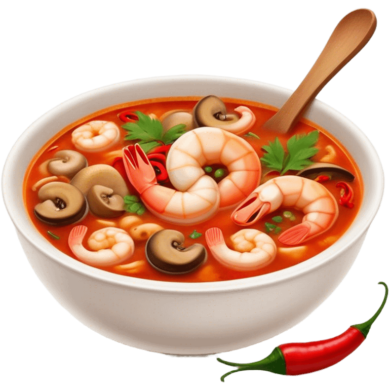 Cinematic Realistic Tom Yam Kung Soup Dish Emoji, showcasing a spicy, sour shrimp soup with herbs and mushrooms rendered with lifelike textures and bold, dynamic lighting. emoji