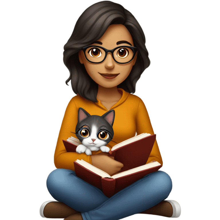 Beautiful Hispanic, wearing glasses girl sitting with a cat and book on her lap.  She’s wearing fall colors.  emoji