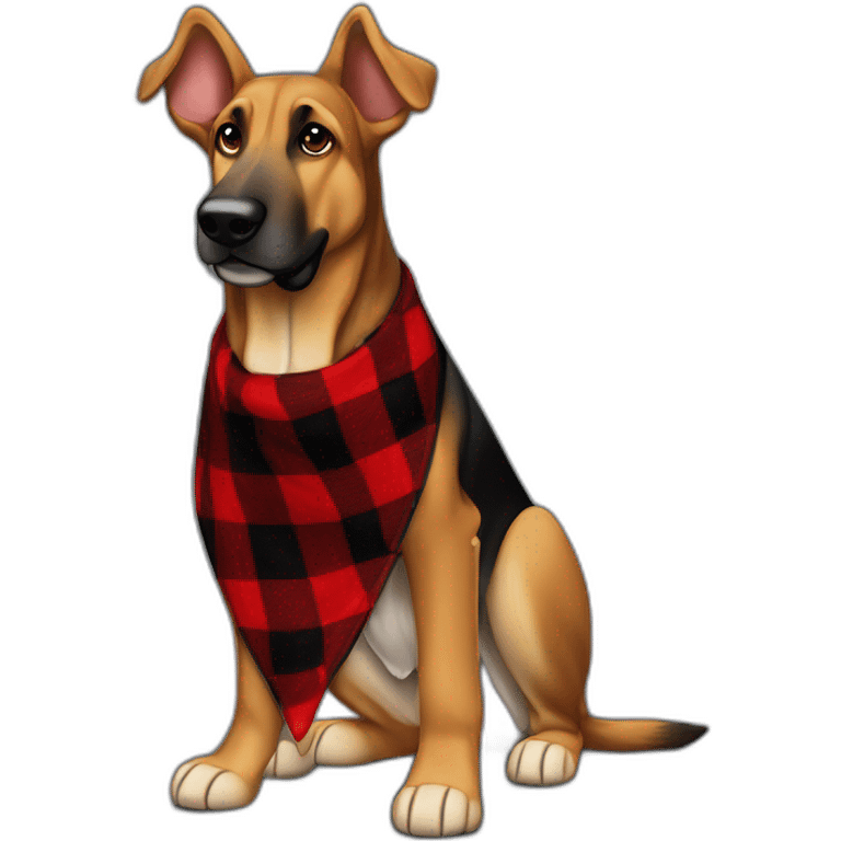 75% Coonhound 25% German Shepherd mix dog wearing small pointed red buffalo plaid bandana side view full body facing left emoji